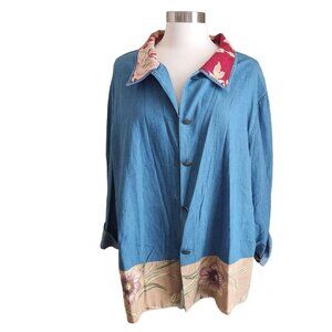 Stone Bridge Womens Shirt Size XL Blue‎ Embroidered Floral 100% Cotton Button Up